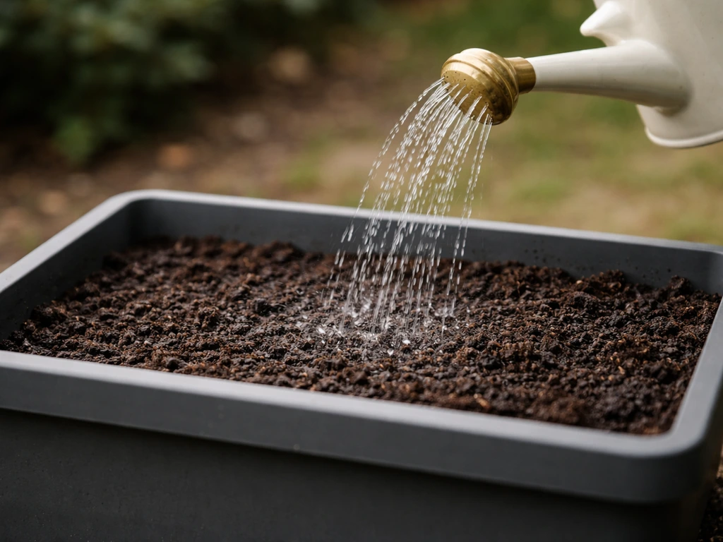 Arrosoir versant de l’eau sur un substrat de jardin humide, sans détrempage, brumisation légère au premier plan.