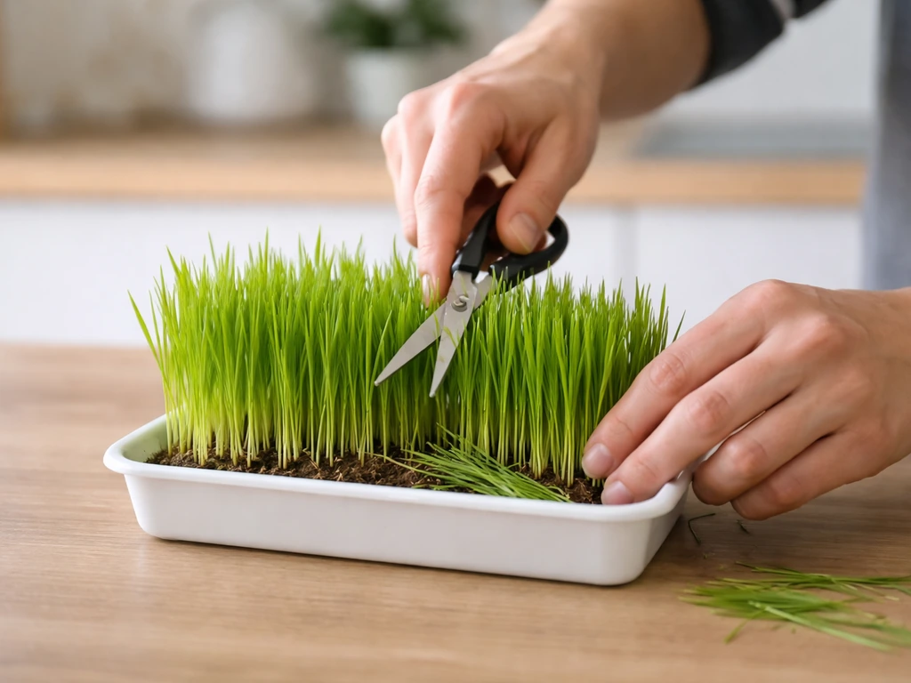 Mains coupant du blé en herbe aux ciseaux, brins visibles et coupe nette près du substrat.