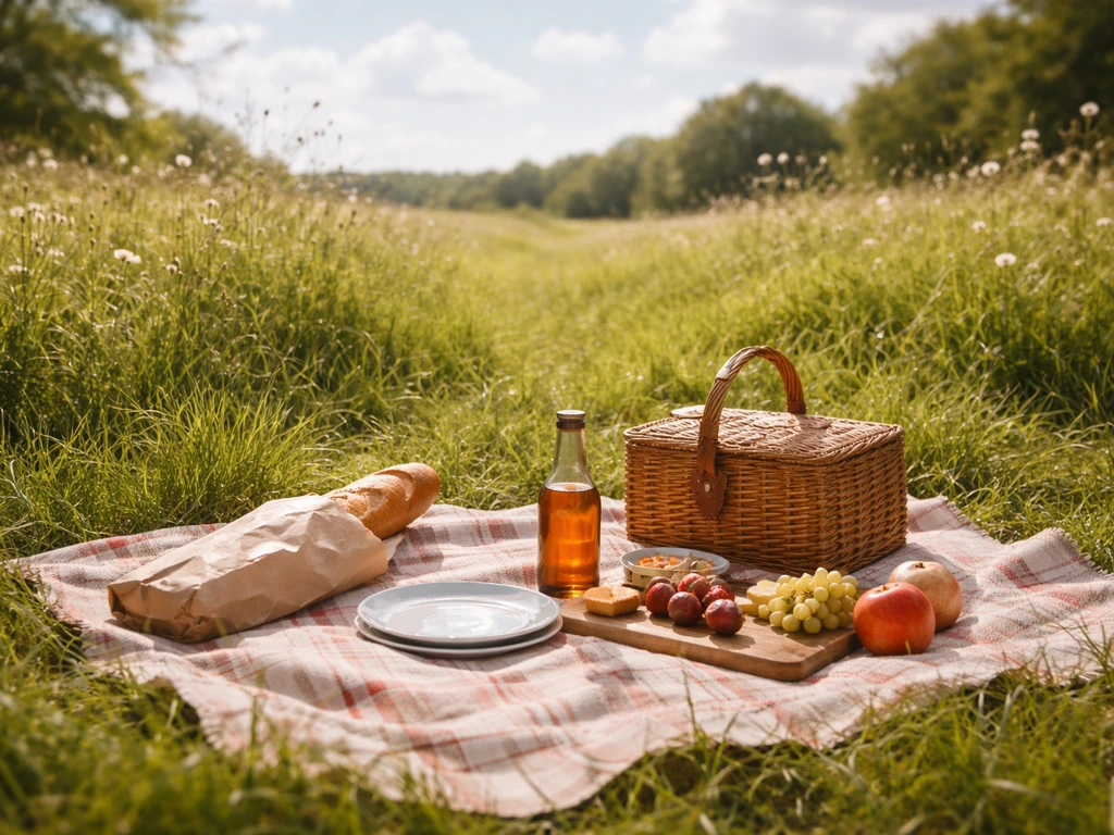 Pique-nique sur une prairie verdoyante avec une nappe, une baguette et des accessoires, ambiance lumineuse.