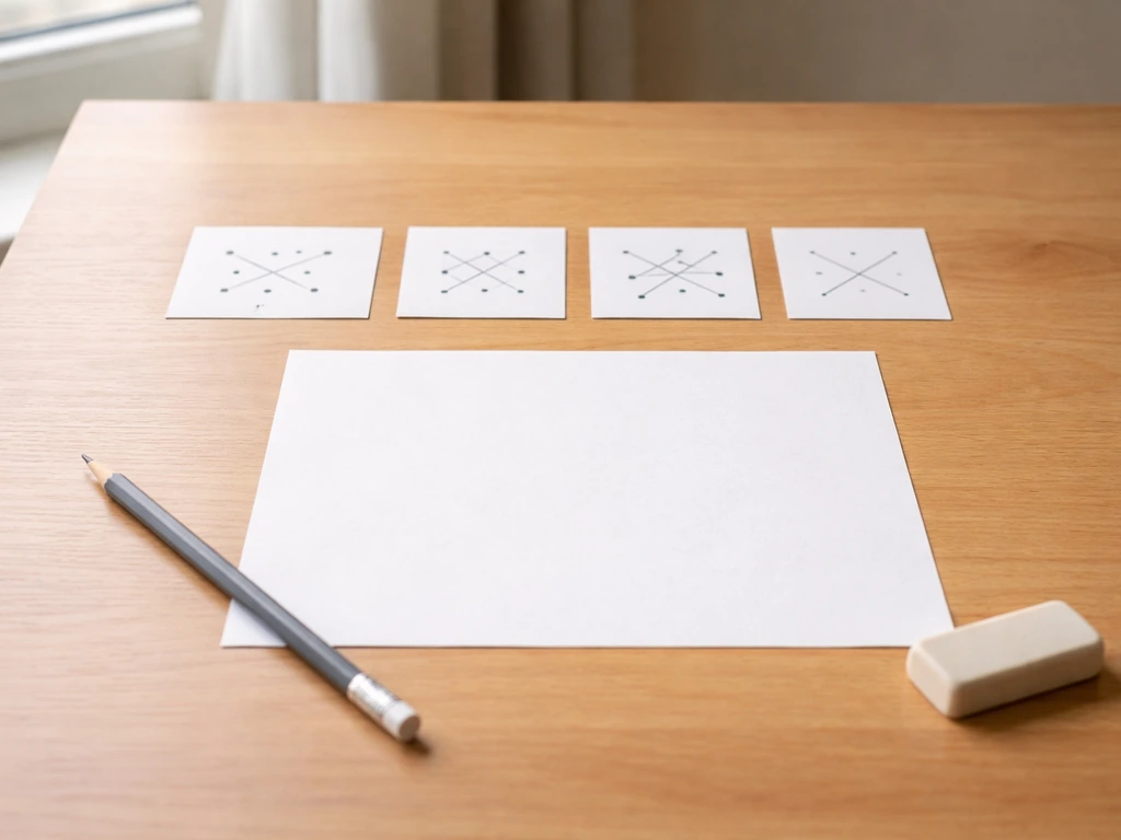 Table avec un carnet et un crayon, quatre vignettes illustrant une méthode pour résoudre un mot de 6 lettres.