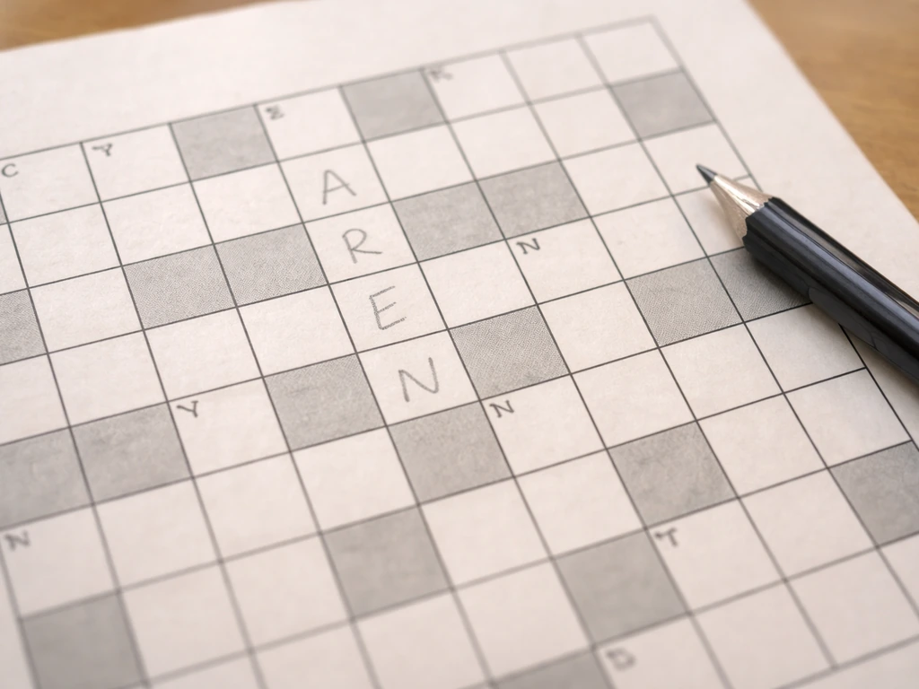 Grille de mots fléchés en gros plan avec cases blanches et lettres aux croisements, stylo à côté.