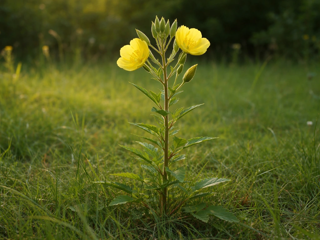 Branche d’onagre en fleurs jaunes et feuilles vertes, fond naturel flou, repère botanique simple
