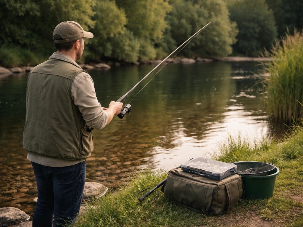 Pêcheur en herbe au bord d’une rivière, canne et accessoires visibles pour sa première sortie.