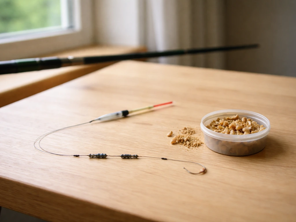 Montage simple de pêche au coup sur une table : flotteur, plombée, hameçon et esches visibles.