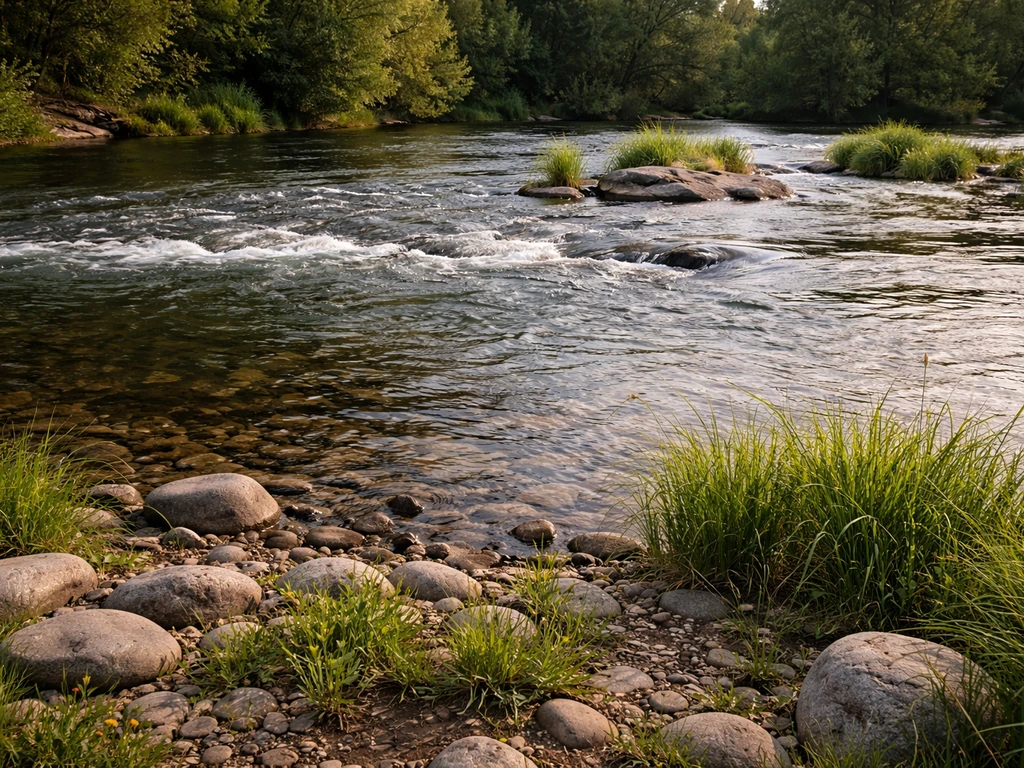 Berge d’une rivière calme, eau mi-claire avec zones de courant et obstacles visibles, repères naturels.