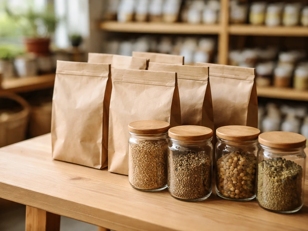 Sachets de graines à germer bio et bocaux en verre dans une boutique bio, ambiance naturelle et minimaliste.