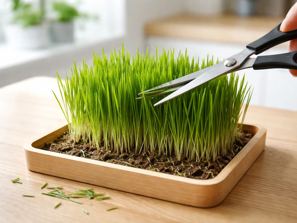 Jeunes pousses d’herbe de blé vert vif de 10–15 cm sur un plateau, en train d’être coupées avec des ciseaux.