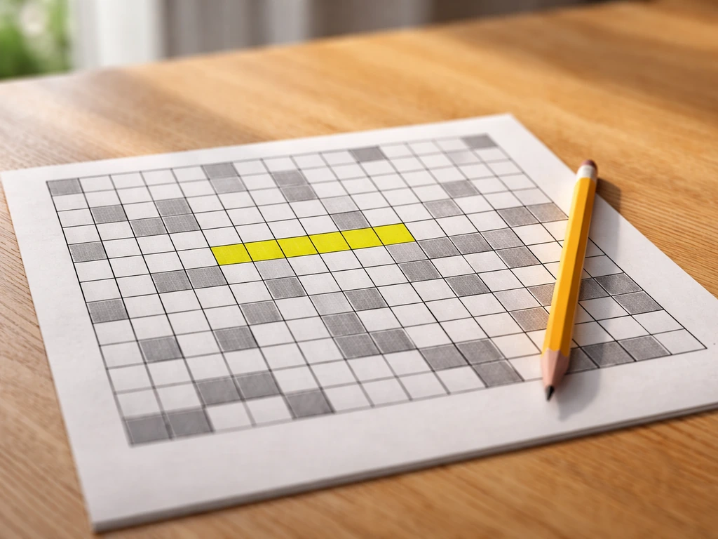 Grille de mots fléchés minimaliste avec quatre cases surlignées et un crayon sur une table en bois.