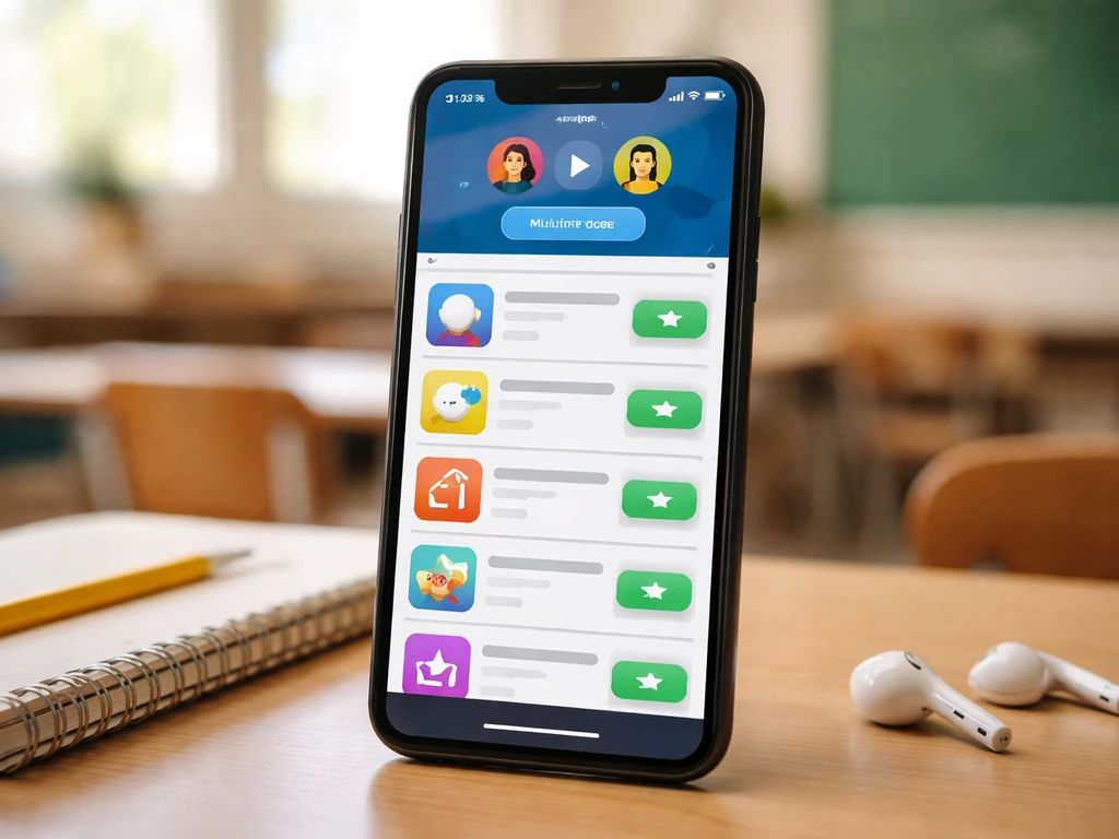 Écran de smartphone montrant une interface de quiz en mode multijoueur, posé sur un bureau, lumière naturelle.