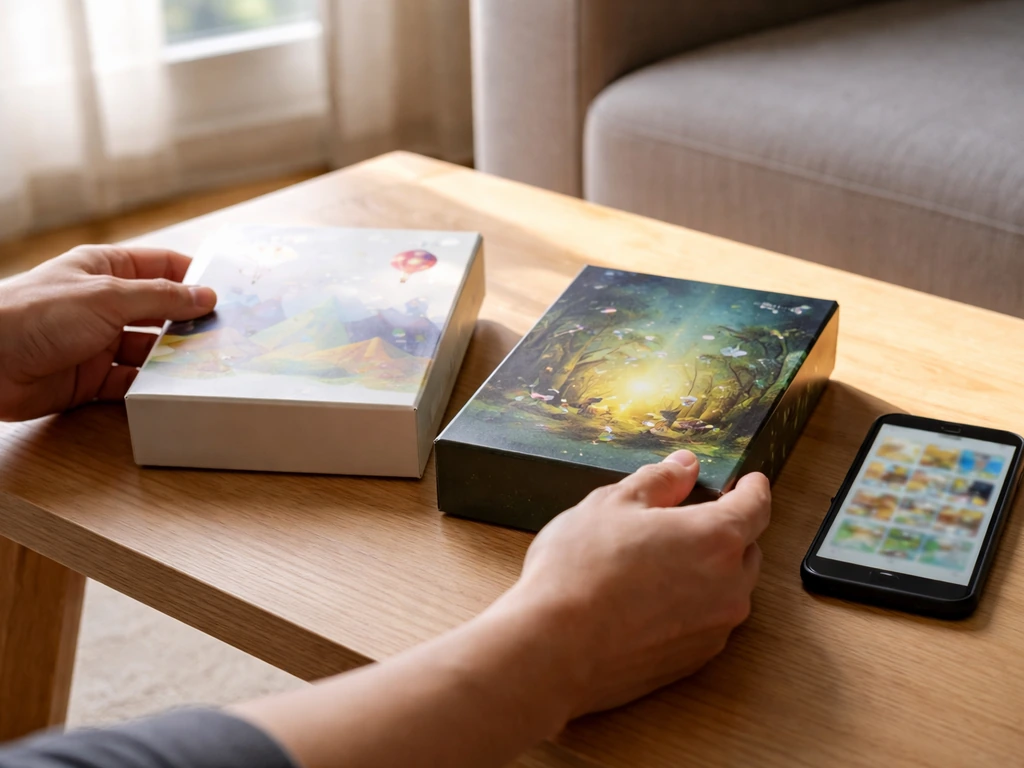 Mains anonymes comparant deux jeux de société sur une table près d’une fenêtre, smartphone à côté.