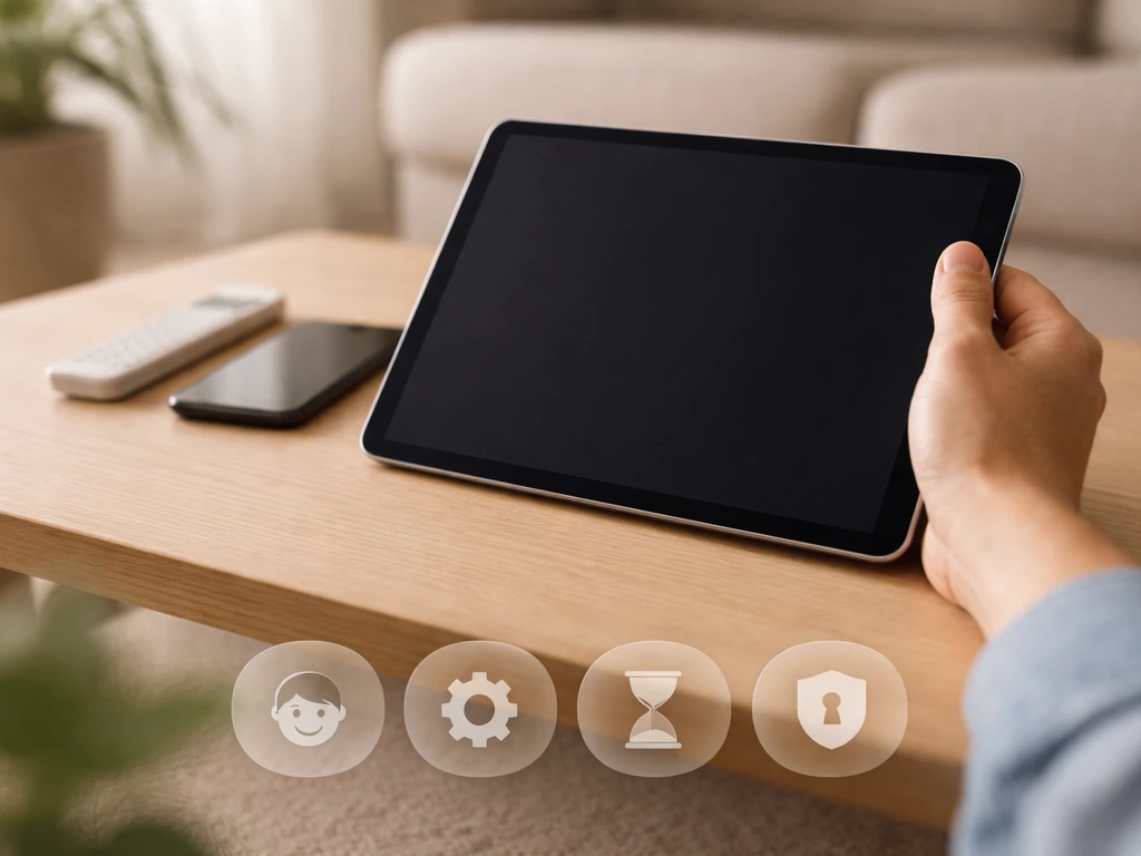 Main tenant une tablette avec des icônes discrètes de contrôle parental et limites de temps d’écran.