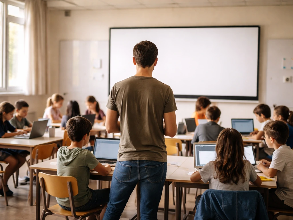 En classe, des enfants en équipes répondent sur tablettes devant un écran mural central, ambiance d’atelier.