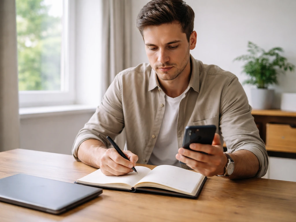 Jeune professionnel au bureau, téléphone et carnet, ambiance simple évoquant un vendeur en devenir.