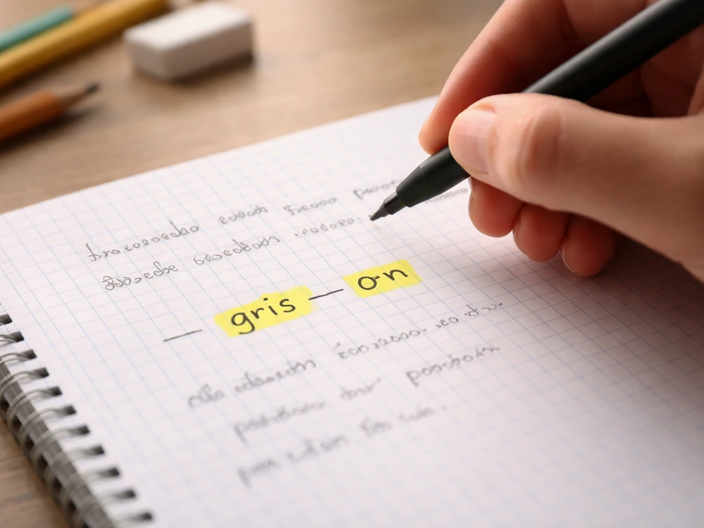 Carnet avec notes manuscrites et surlignage de syllabes montrant une piste phonétique en gros plan.