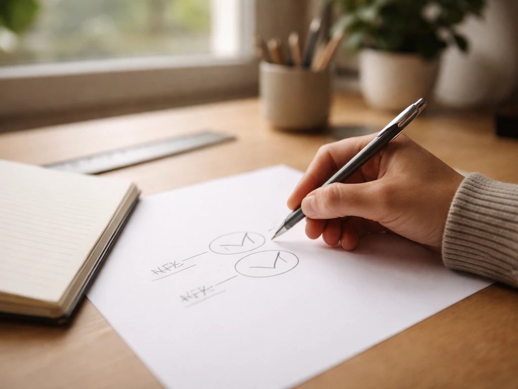 Main anonyme avec un stylo sur une feuille, ambiance bureau calme pour illustrer le recoupement de réponses.