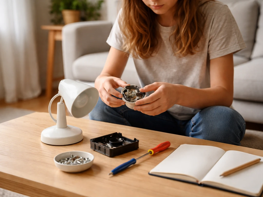 Enfant/ado anonyme curieuse à une table, démontant et réassemblant un objet avec carnet et outils.
