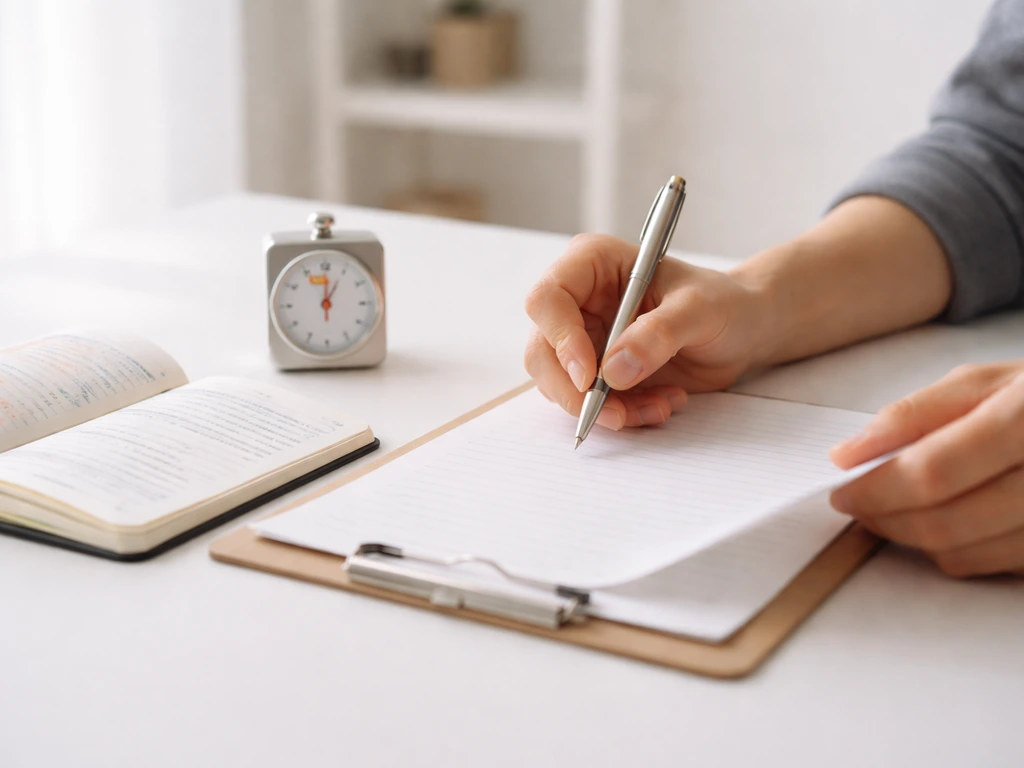 Mains anonymes sur un bureau : chronomètre et papier de suivi pour une pratique quotidienne en cours.