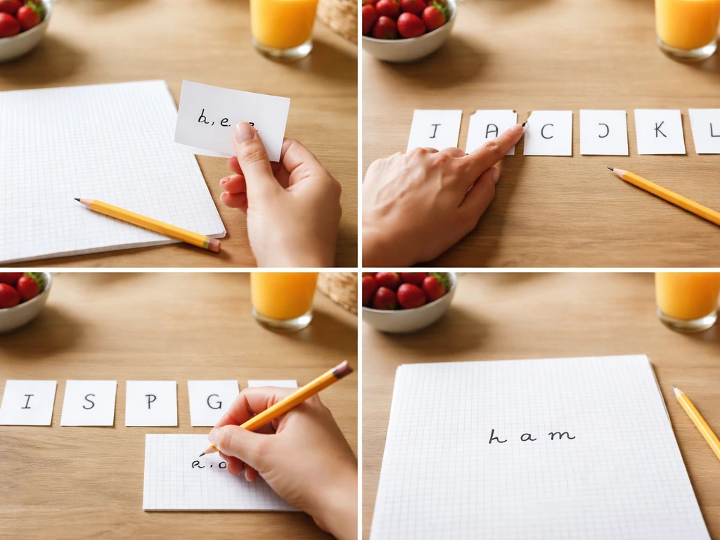 Gros plan d’une table : lecture, épellation et écriture d’un exercice « mot en herbe » en étapes.