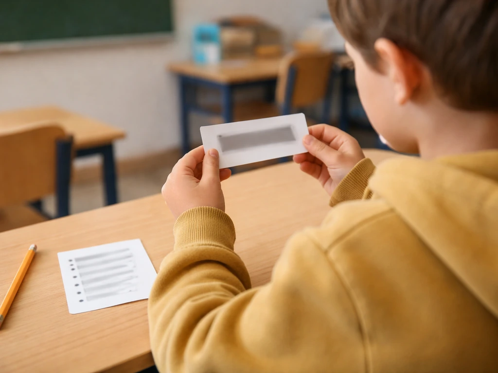 Enfant à un bureau avec une fiche à mot masqué pour le jeu du “mot interdit”, en classe.