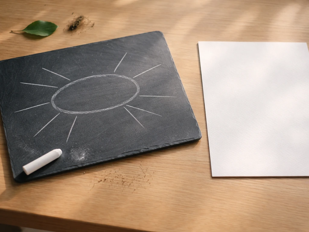 Feuille et ardoise artisanales avec une bulle centrale et des branches symbolisant un champ lexical autour de la forêt.
