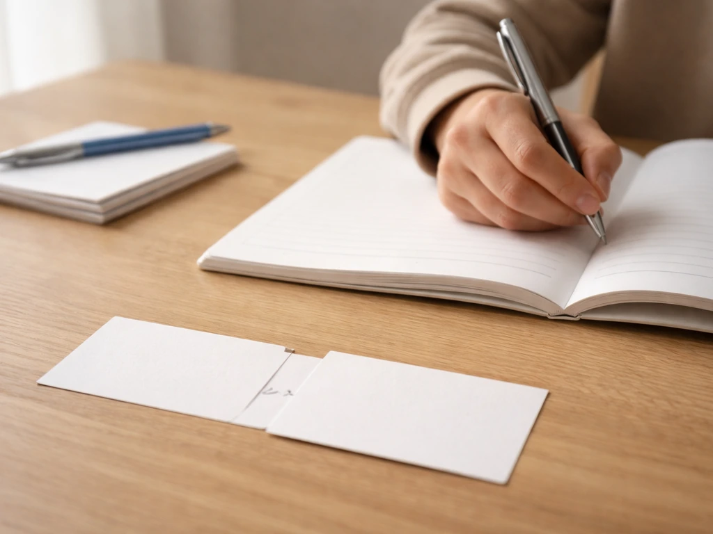 Main écrivant dans un cahier, avec cartes à encadré et carte opaque pour cacher, puis vérifier.