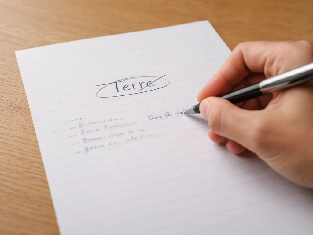 Main écrivant à la main sur un papier de lignage, mot « Terre » repéré au stylo, ambiance calme et naturelle.