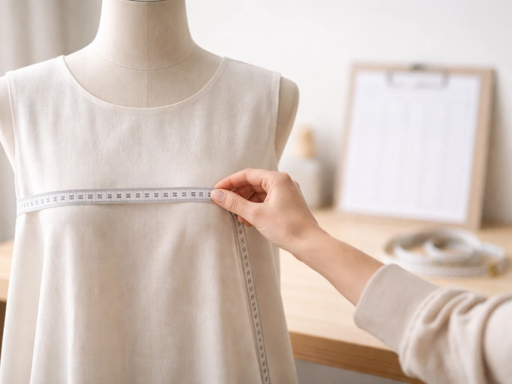 Mannequin de couture avec mètre ruban : prise de mesures poitrine/taille/hanches sur table atelier.