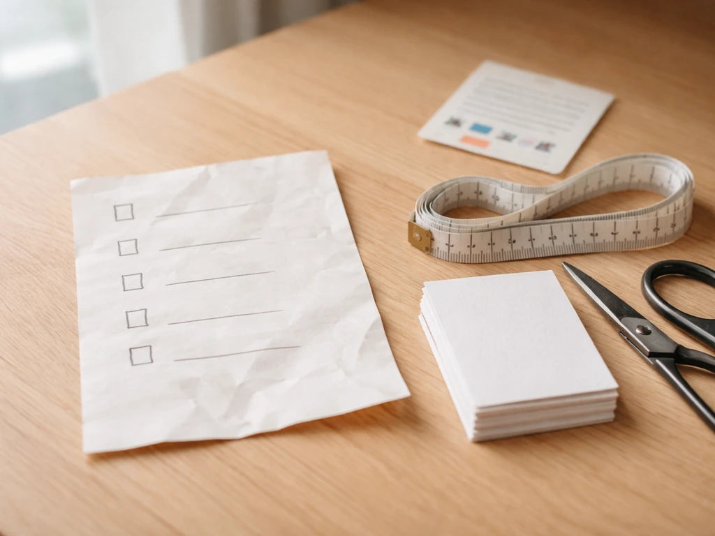 Feuille cartonnée posée sur un bureau, checklist froissée avec repères de mensurations, prête à décider avant achat