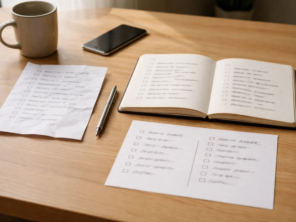 Bureau avec feuilles, cases à cocher et notes manuscrites illisibles pour illustrer une auto-évaluation honnête.