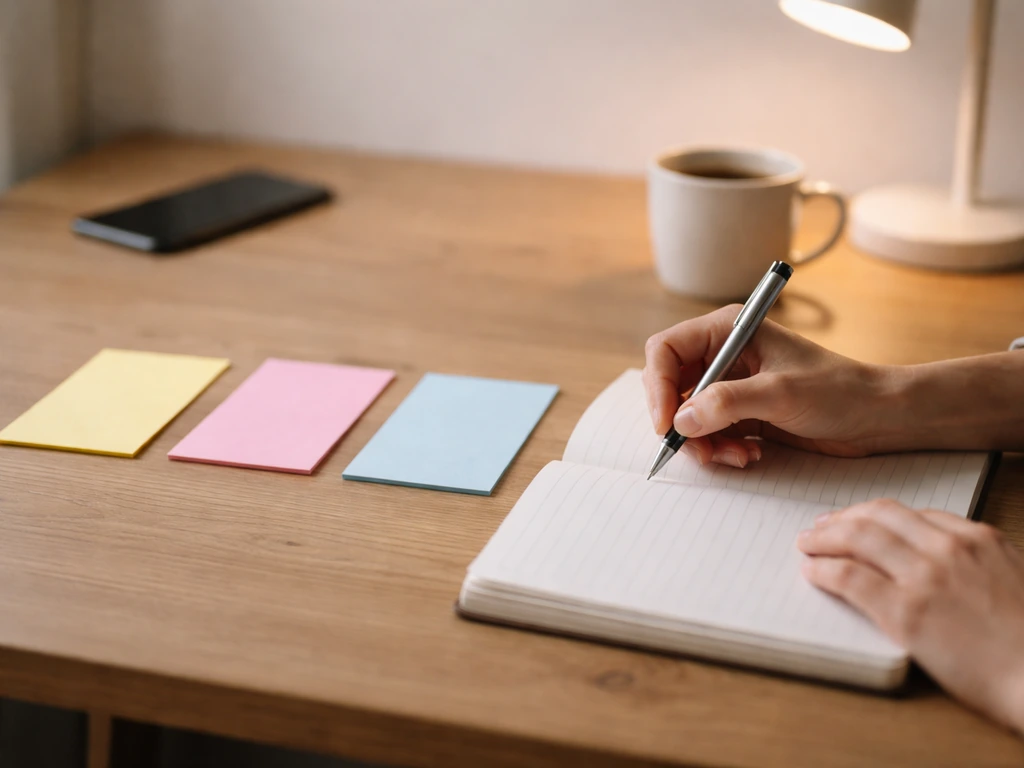 Petit bureau avec un carnet ouvert et post-it, illustrant un bilan hebdomadaire Start/Stop/Continue.