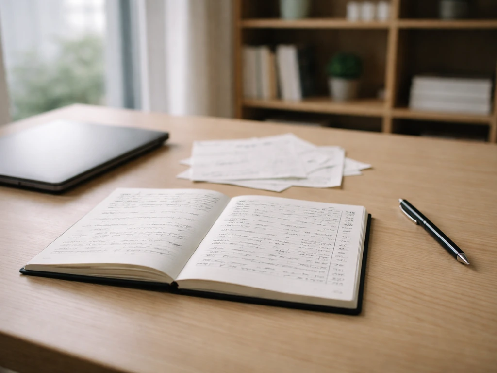 Table de travail avec carnet et page de brouillon annotée, ambiance constructive pour des retours utiles