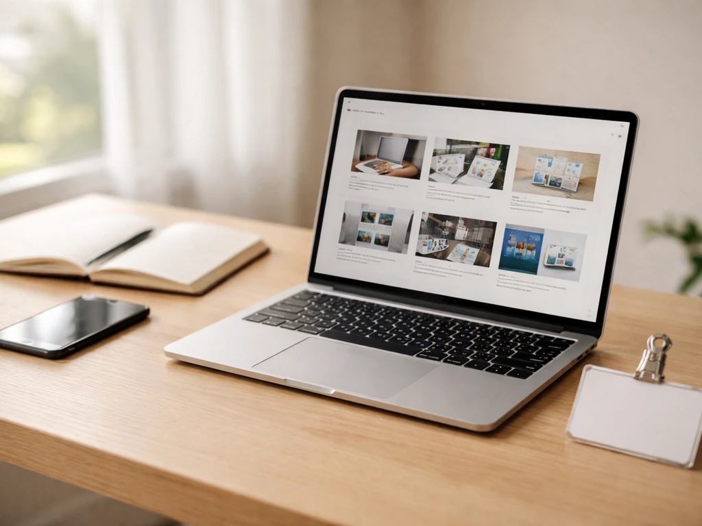 Bureau près d’une fenêtre avec ordinateur montrant des vignettes de projets et un badge de contact discret.