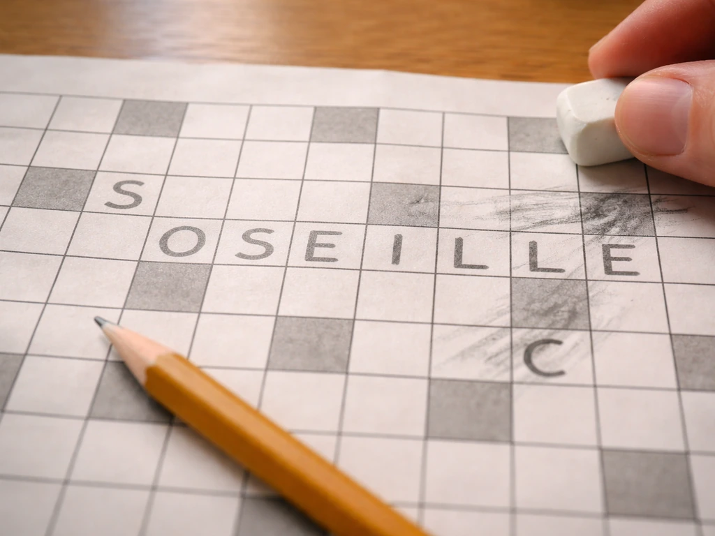Grille de mots fléchés sur table avec « OSEILLE » et des lettres corrigées (S/Z, C) et double L visible.