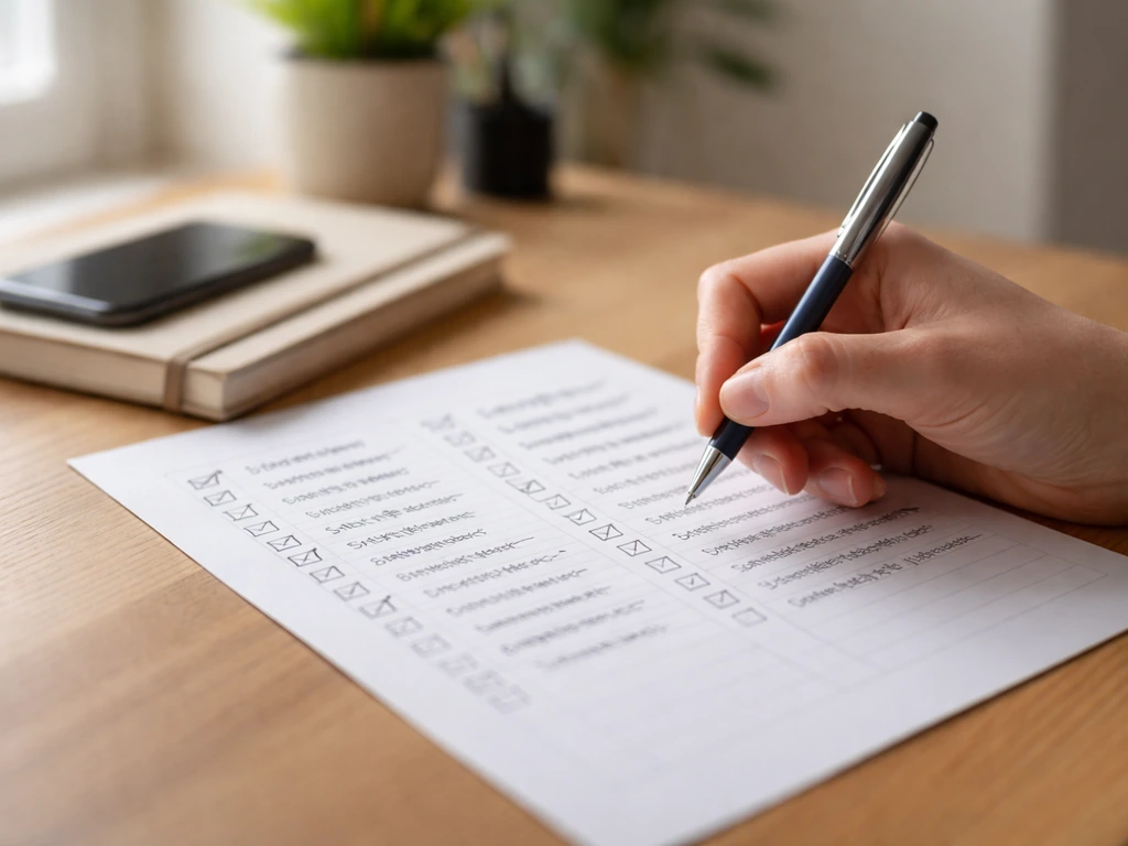 Main avec stylo sur une feuille de relecture, check-list et phrases corrigées sur un bureau en bois.