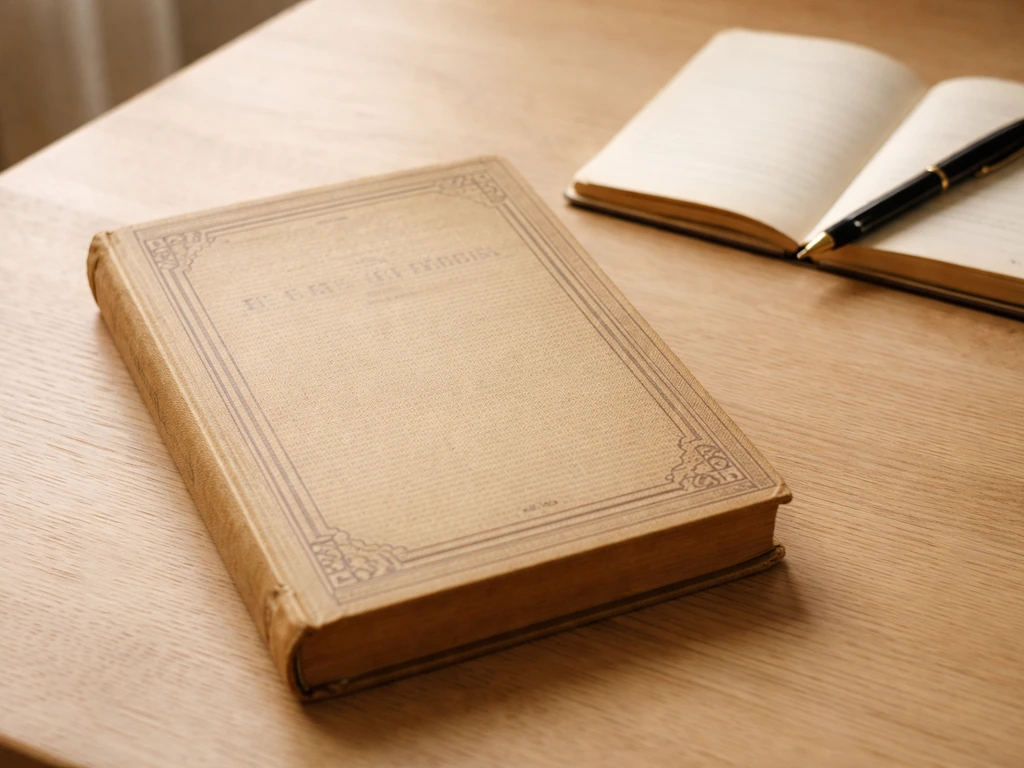 Exemplaire ancien d’un roman posé sur une table en bois, ambiance d’archive, couverture vintage floue.