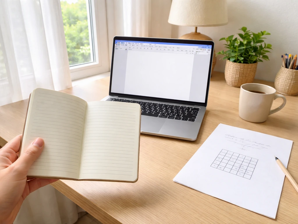 Bureau minimal avec ordinateur montrant un document Word et une feuille suggérant un mot à trouver.