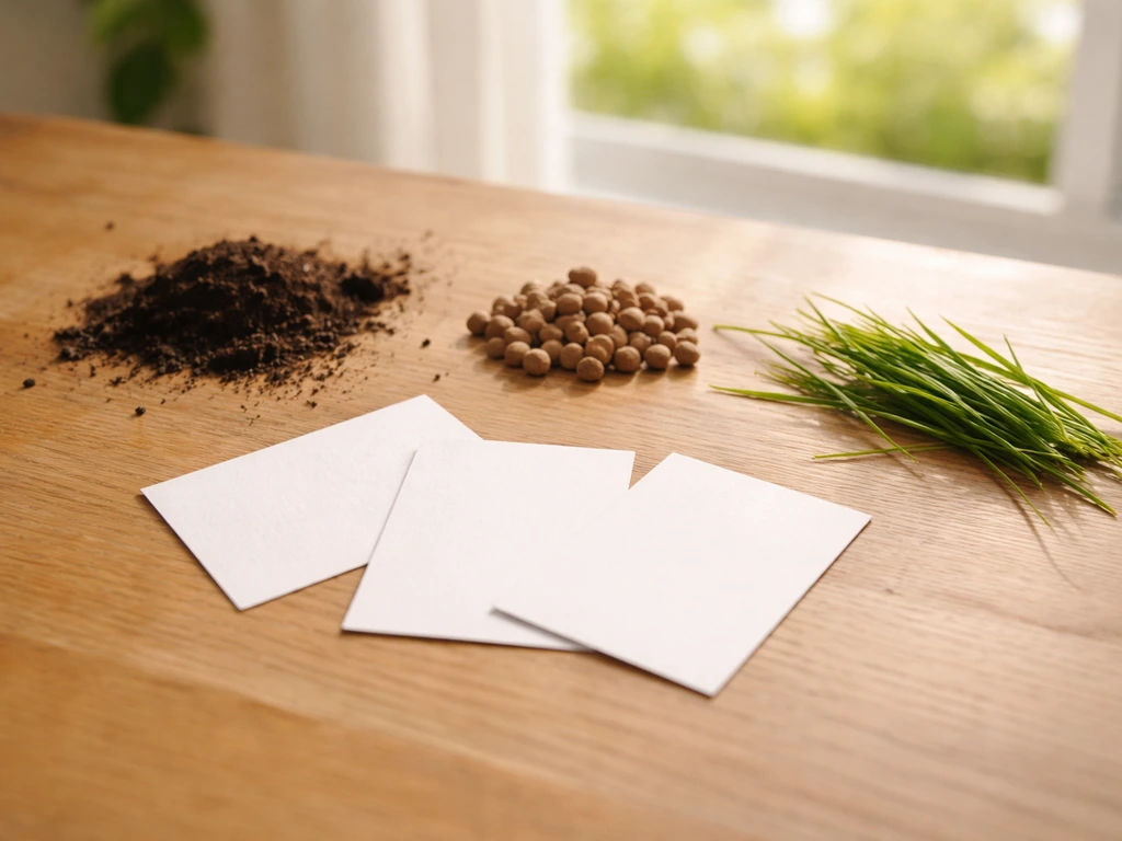 Photo réaliste de cartes vierges posées sur une table, avec de la terre, des herbes et le ciel en arrière-plan flou.