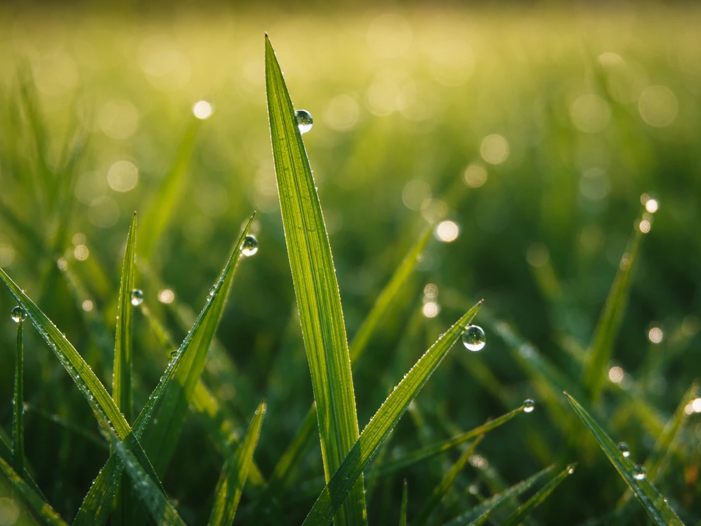 Macro de brins d’herbe et de brins verdoyants avec pelouse légèrement floue en arrière-plan