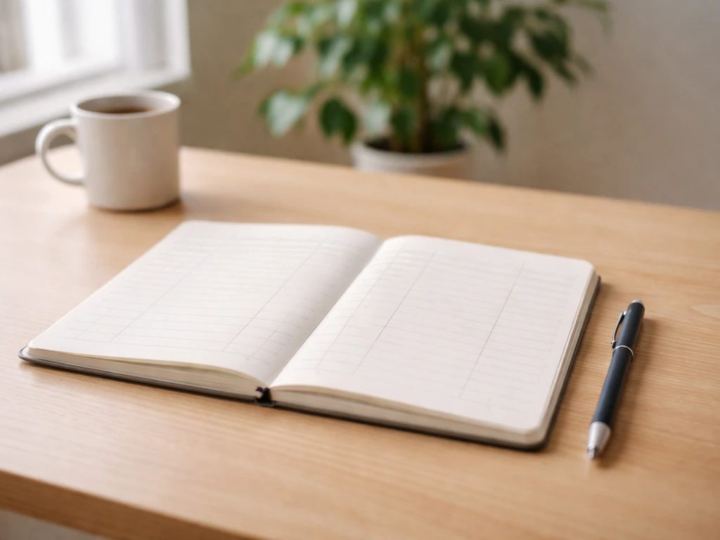 Petit bureau avec carnet ouvert montrant un tableau vierge de mots, rappel visuel pour choisir une réponse de grille