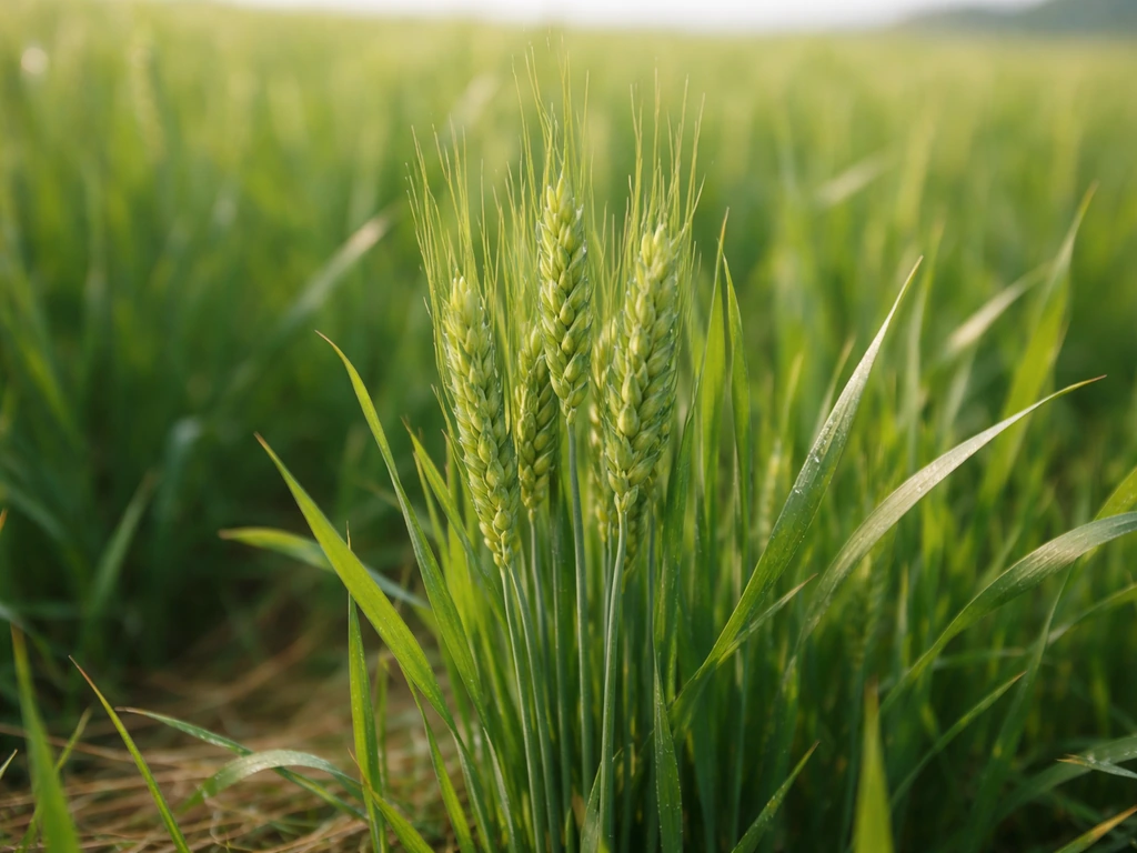 Gros plan sur du blé en herbe vert, épis tendres aux grains non formés, ambiance champ au printemps.