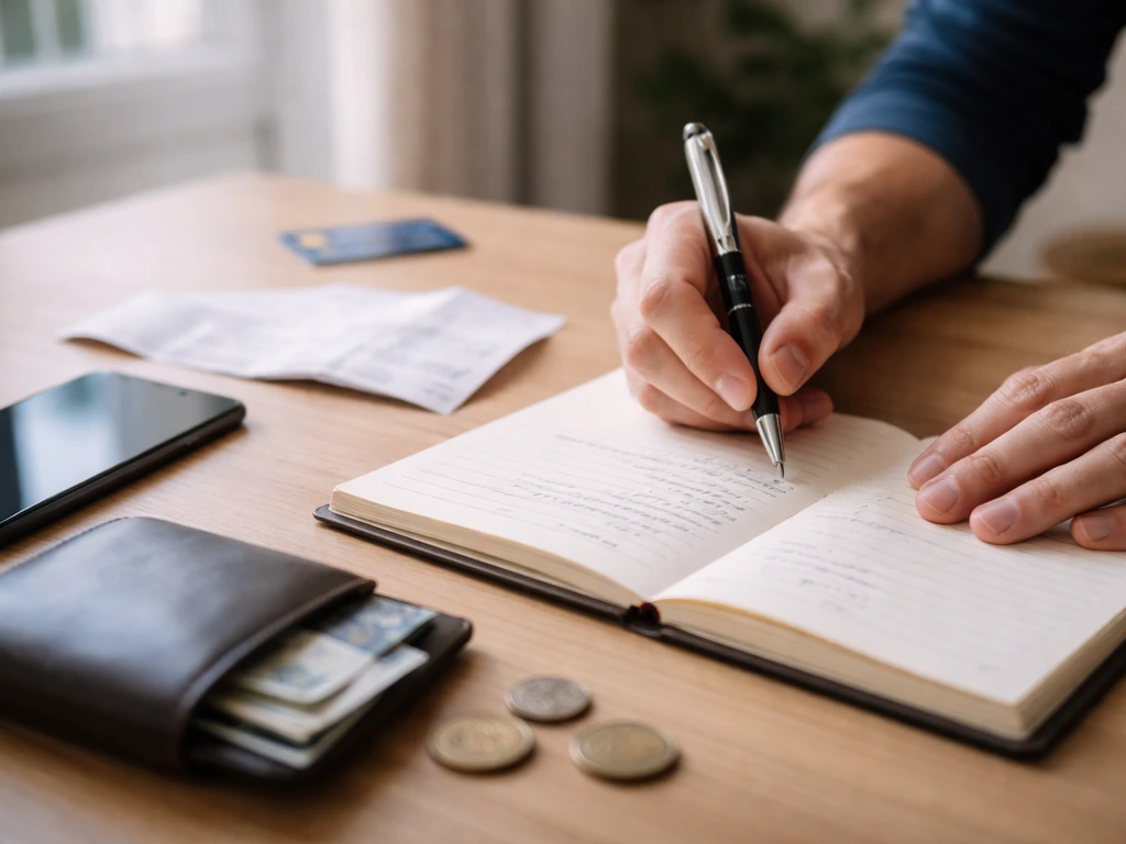 Mains anonymes notant des dépenses sur un carnet, avec relevé bancaire près du téléphone, ambiance minimaliste.