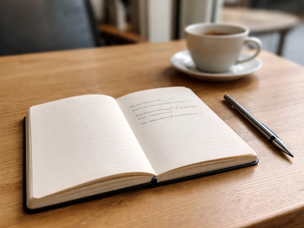 Carnet ouvert sur une table avec un stylo, lumière naturelle, ambiance de rédaction de phrases prêtes à l’emploi.