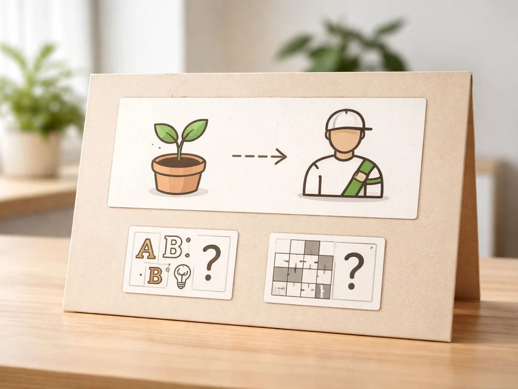 Table de travail avec une carte et un petit panneau illustrant le sens « jeune plante » et « débutant » sans texte.