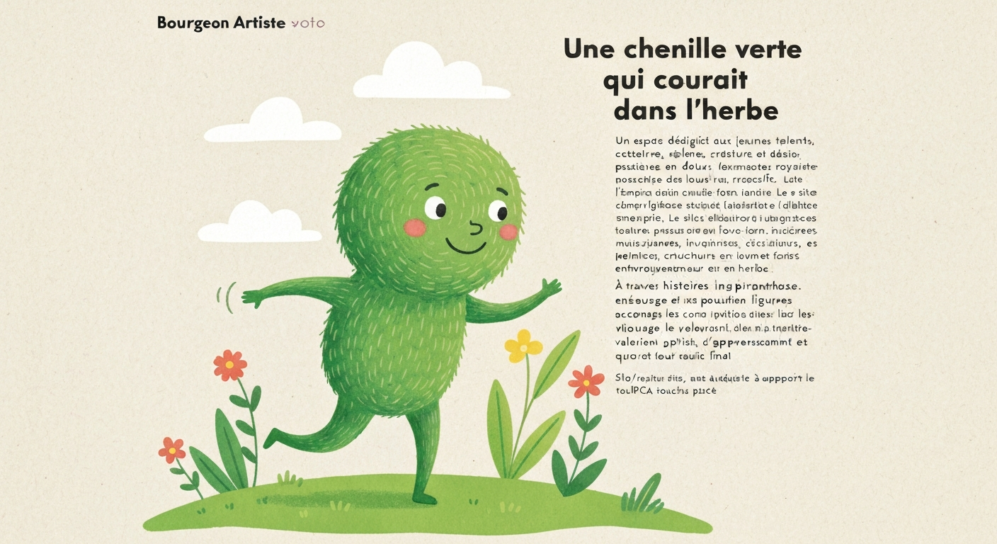 Illustration enfantine d'une chenille verte souriante courant dans l'herbe, couleurs printanières, style aquarelle/flat, espace pour titre en haut