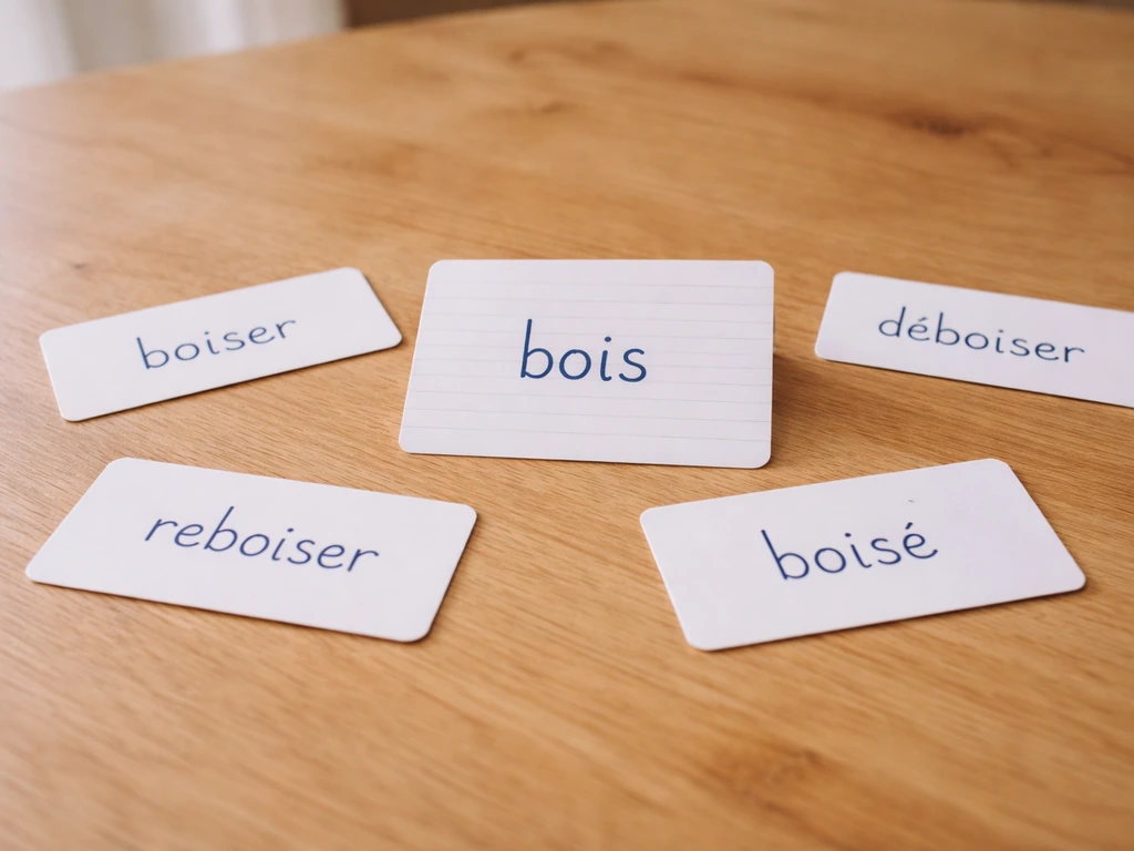 Cartes posées en forme de branches autour du radical « bois », pour illustrer des familles de mots CE2.