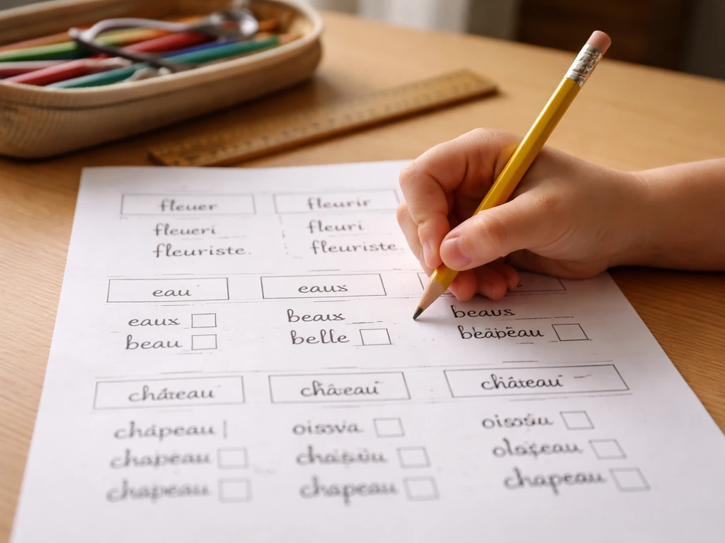 Main d’enfant écrivant sur une feuille CE2 avec mots en séries sur les graphies et encadrés orthographiques.