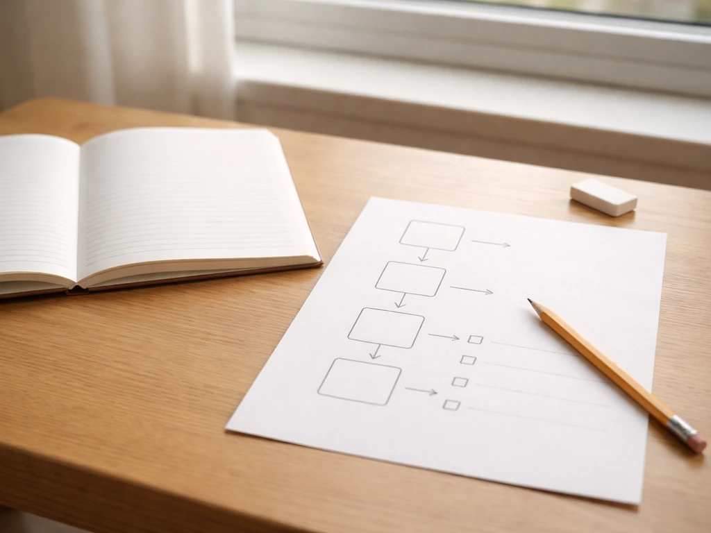 Un cahier d’écolier ouvert avec un crayon et une feuille vierge illustrant une méthode en étapes pour orthographier un m