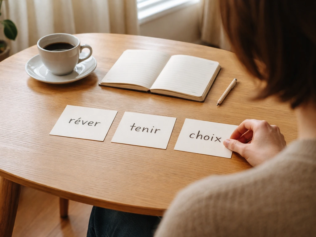 Cartes avec mots de 5 lettres sur une table en bois, main anonyme les aligne près d’un carnet et d’un café.
