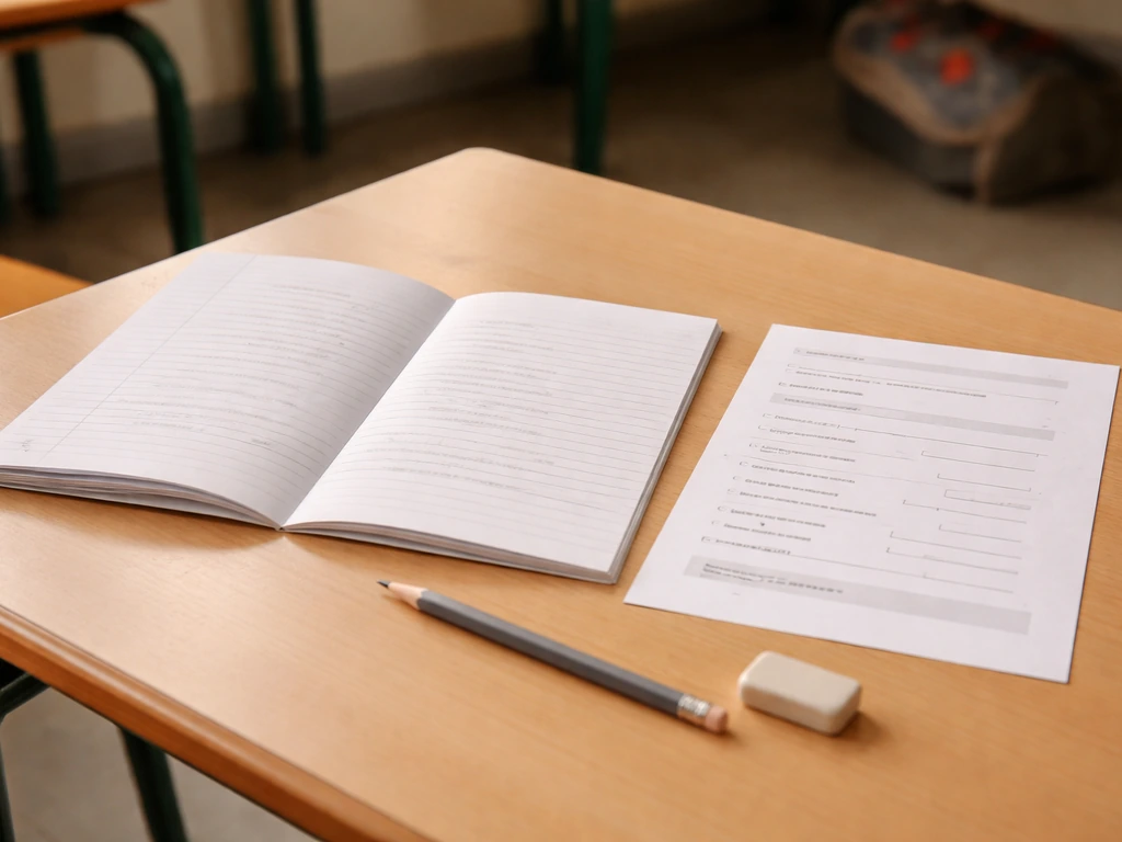 Un cahier CE1 et une fiche de mots à mémoriser, sur un bureau ensoleillé, sans texte visible.