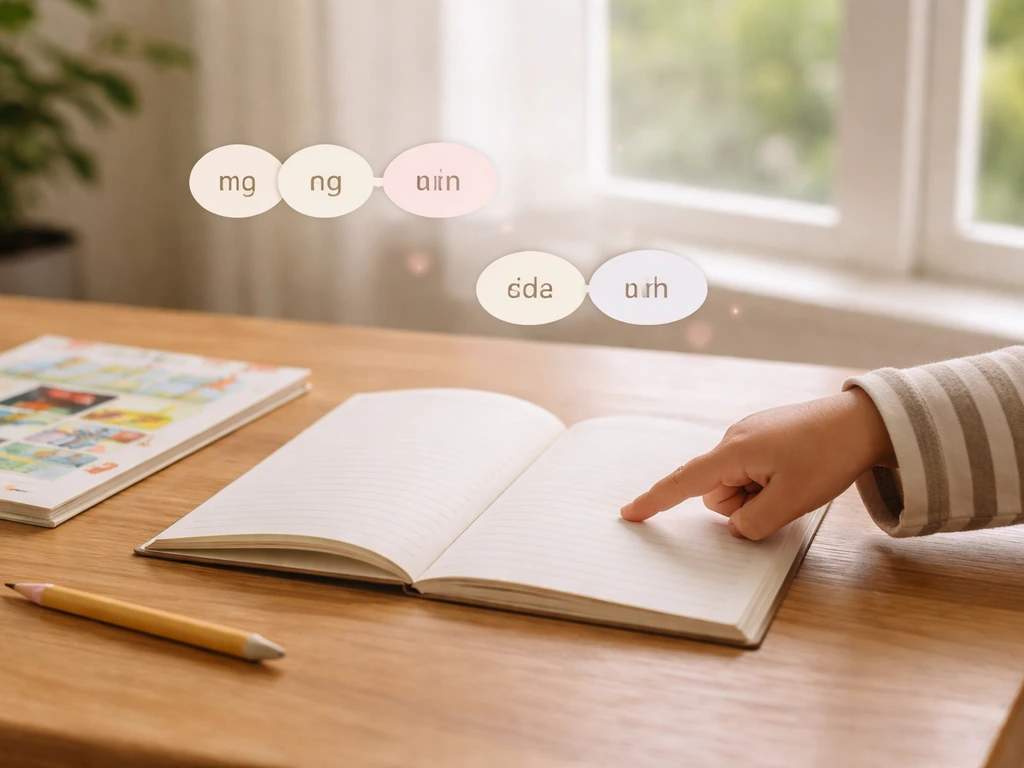 Enfant près d’un cahier, bulles de syllabes « ma-ga-sin » et « che-min » flottant au-dessus pour guider la lecture.